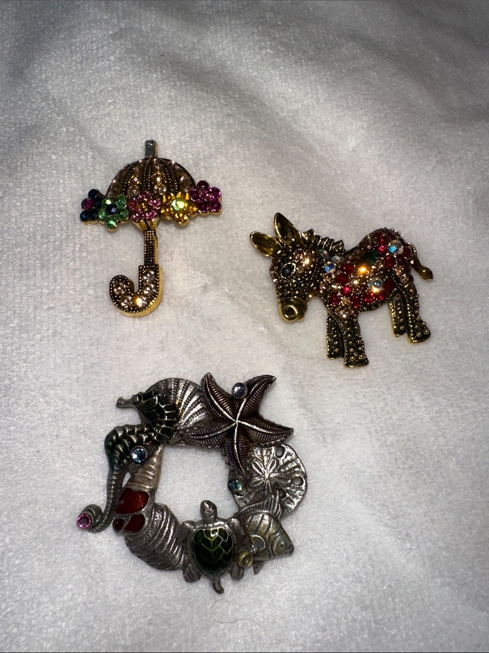 Multicolor Crystal Donkey, Umbrella & Sea Life Brooch Set